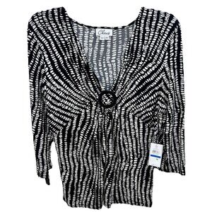 Chaus Atelier Womens XL V-Neck O-Ring Abstract Print Top Soft Ivory Black NWT